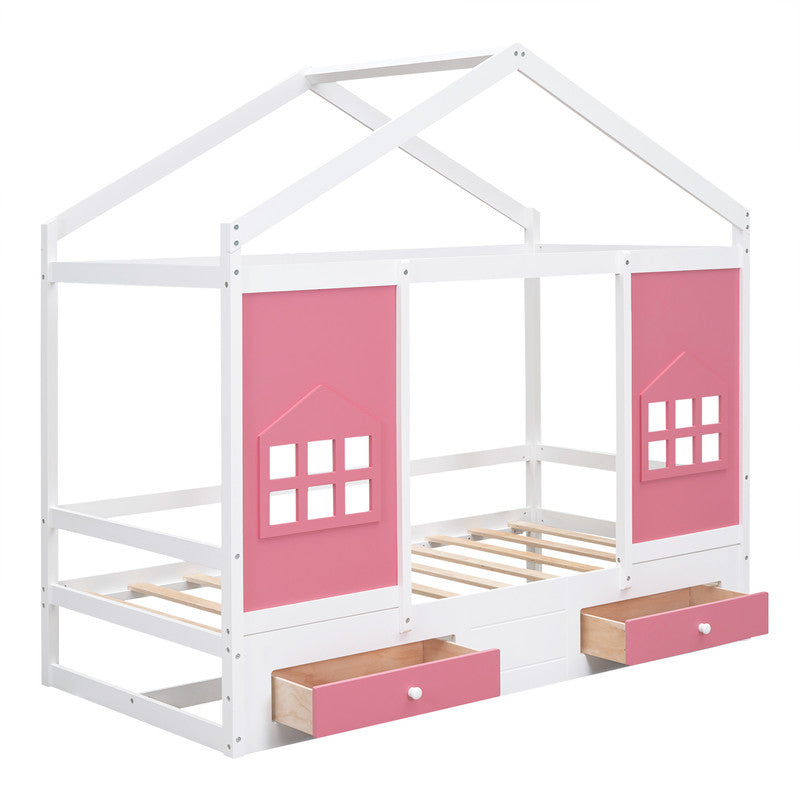 Twin Size Wood House Bed with 2 Drawers and Window Decoration