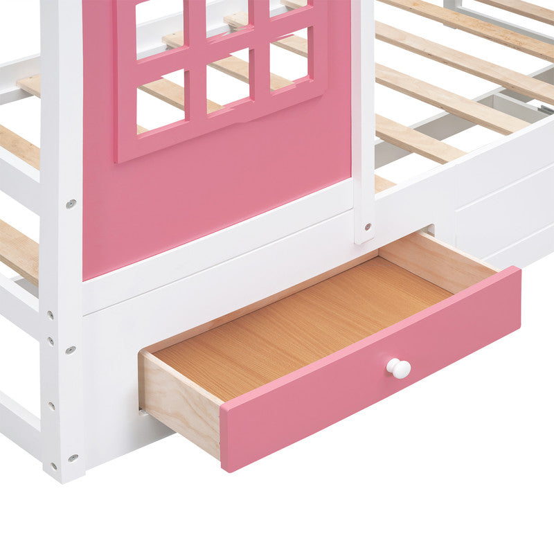 Twin Size Wood House Bed with 2 Drawers and Window Decoration