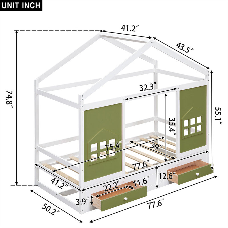 Twin Size Wood House Bed with 2 Drawers and Window Decoration
