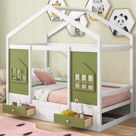 Twin Size Wood House Bed with 2 Drawers and Window Decoration