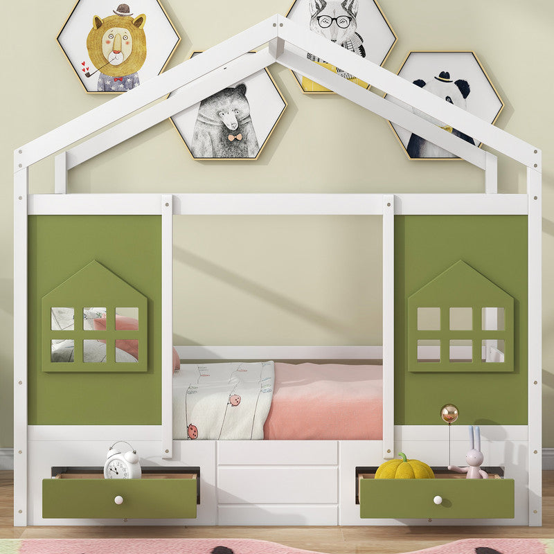Twin Size Wood House Bed with 2 Drawers and Window Decoration
