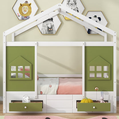 Twin Size Wood House Bed with 2 Drawers and Window Decoration