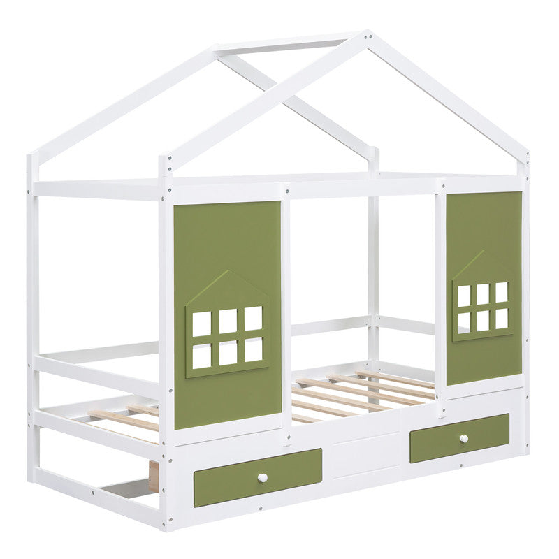 Twin Size Wood House Bed with 2 Drawers and Window Decoration