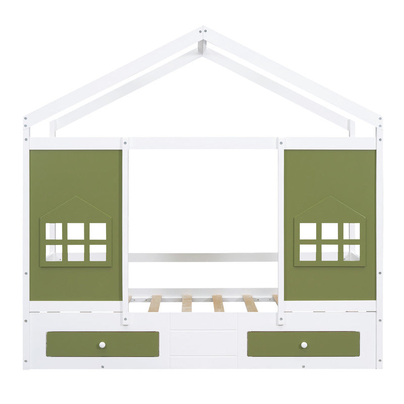 Twin Size Wood House Bed with 2 Drawers and Window Decoration