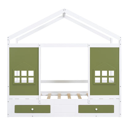 Twin Size Wood House Bed with 2 Drawers and Window Decoration