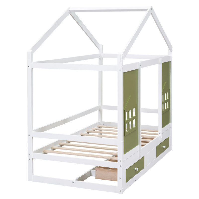 Twin Size Wood House Bed with 2 Drawers and Window Decoration
