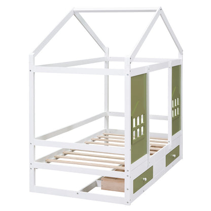 Twin Size Wood House Bed with 2 Drawers and Window Decoration