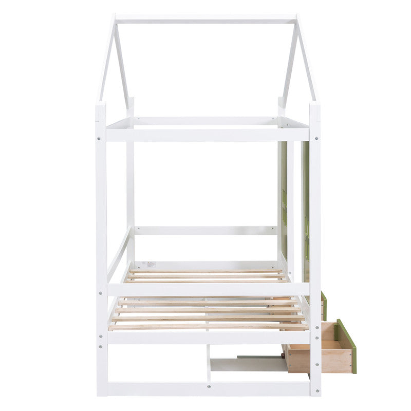 Twin Size Wood House Bed with 2 Drawers and Window Decoration