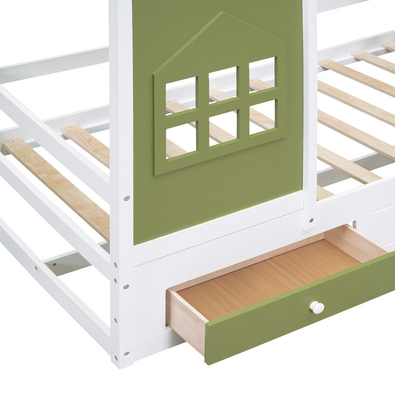 Twin Size Wood House Bed with 2 Drawers and Window Decoration