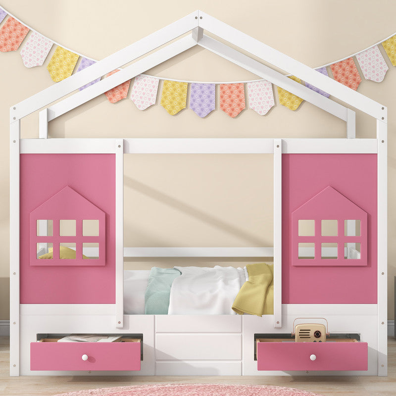 Twin Size Wood House Bed with 2 Drawers and Window Decoration