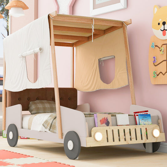 Wood Twin Size Car Bed with Pillow, Ceiling Cloth and LED