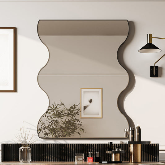 Wall Mirror Black Rectangular Mirror with 2 Wavy Sides Metal Framed Mirror