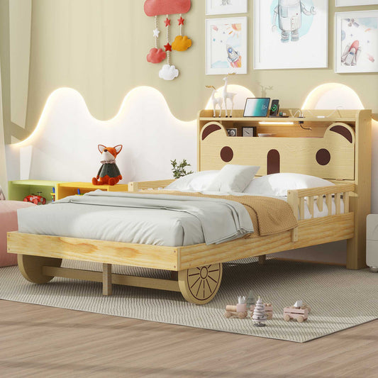 Full Size Car Bed with Bear-Shaped Headboard, USB and LED