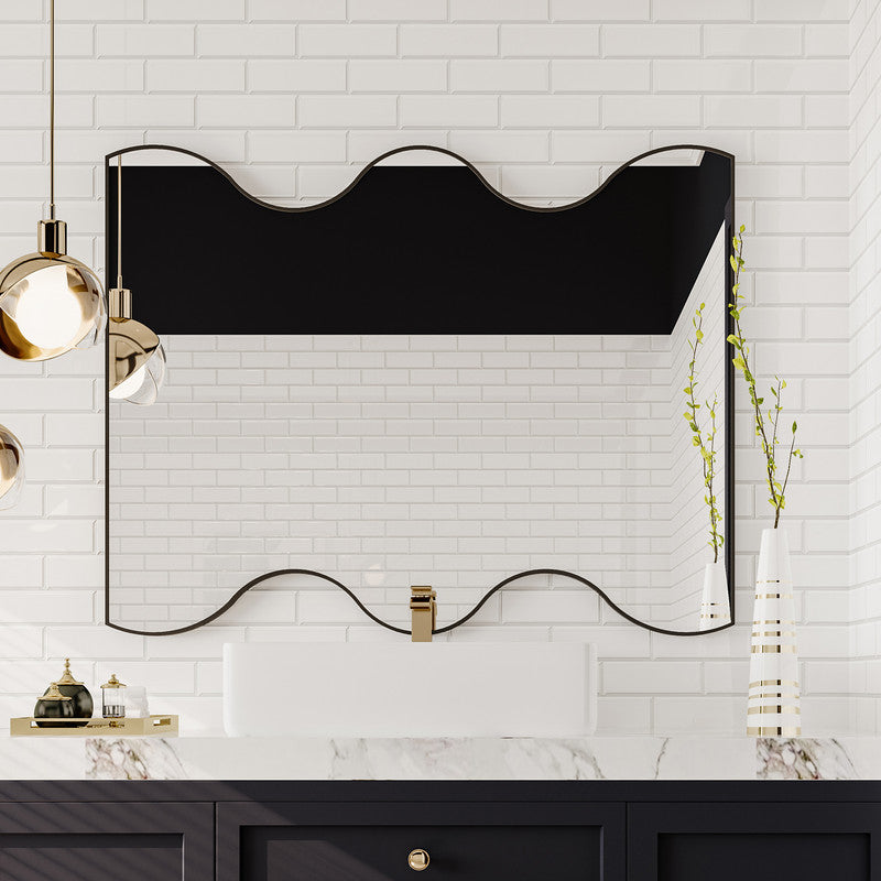 Wall Mirror Black Rectangular Mirror with 2 Wavy Sides Metal Framed Mirror
