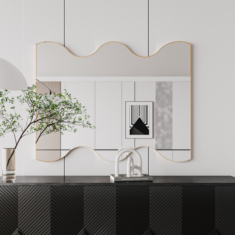 Wall Mirror Black Rectangular Mirror with 2 Wavy Sides Metal Framed Mirror