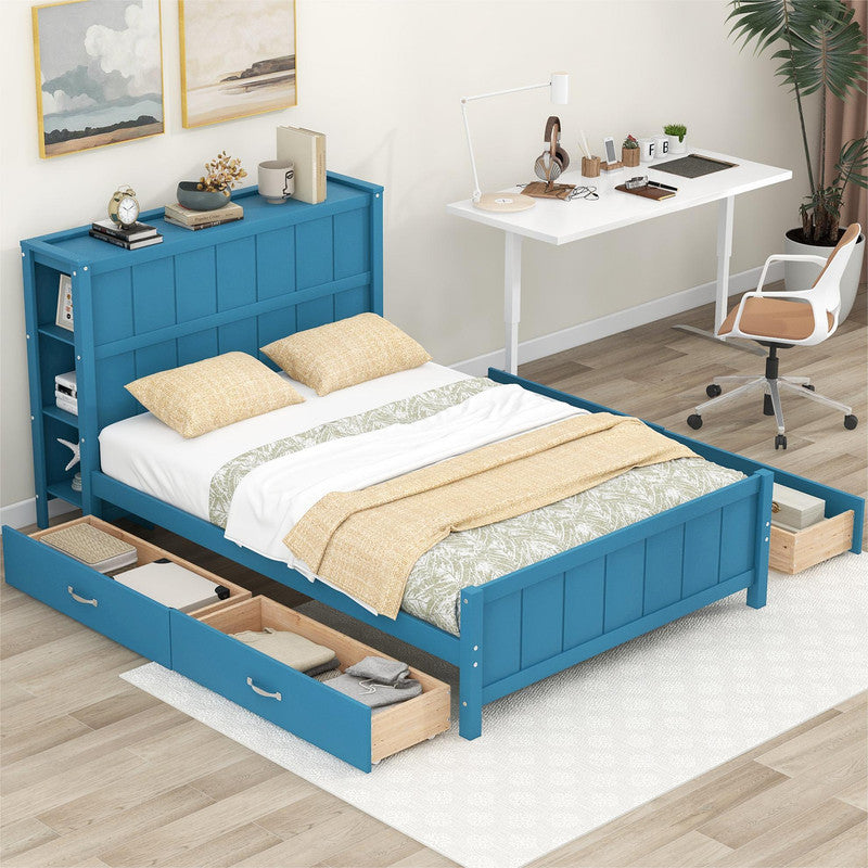 Full Size Platform Bed with Drawers and Storage Shelves