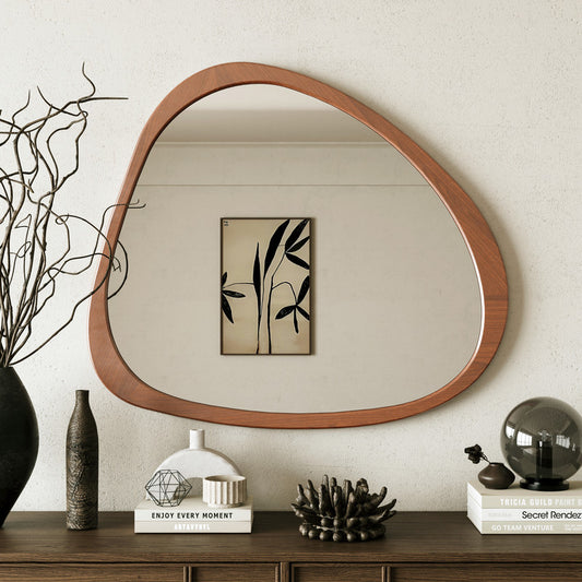 45 Inch Solid Wood Mirror Asymmetrical Wall Mirror Wooden Framed Mirror