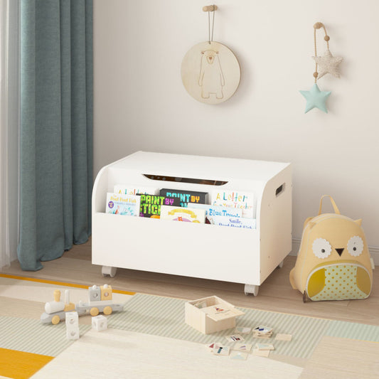 Wooden Toy Box with 4 Universal Wheels Kids Toy Storage with Front Bookshelf