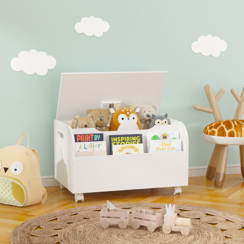 Wooden Toy Box with 4 Universal Wheels Kids Toy Storage with Front Bookshelf