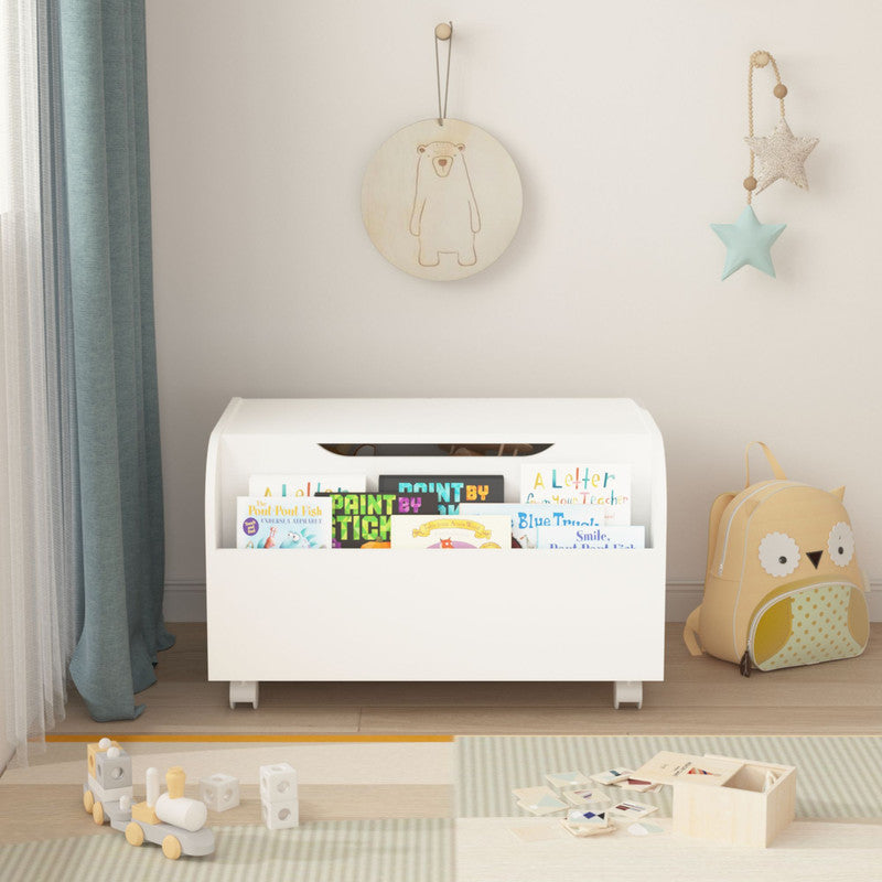 Wooden Toy Box with 4 Universal Wheels Kids Toy Storage with Front Bookshelf