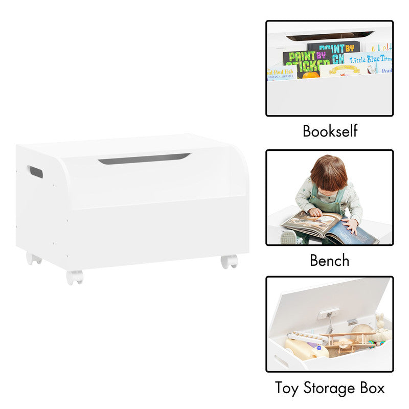 Wooden Toy Box with 4 Universal Wheels Kids Toy Storage with Front Bookshelf