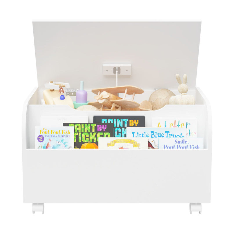 Wooden Toy Box with 4 Universal Wheels Kids Toy Storage with Front Bookshelf