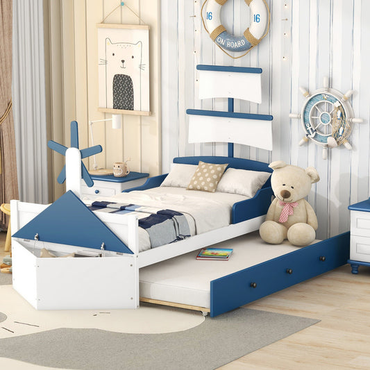 Twin Size Boat-Shaped Platform Bed with Twin Size Trundle and Storage