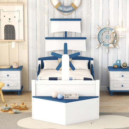Twin Size Boat-Shaped Platform Bed with Twin Size Trundle and Storage