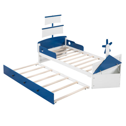 Twin Size Boat-Shaped Platform Bed with Twin Size Trundle and Storage