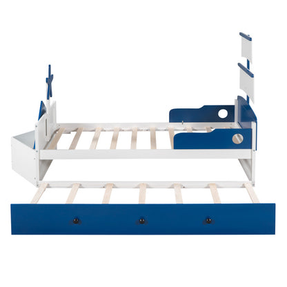 Twin Size Boat-Shaped Platform Bed with Twin Size Trundle and Storage