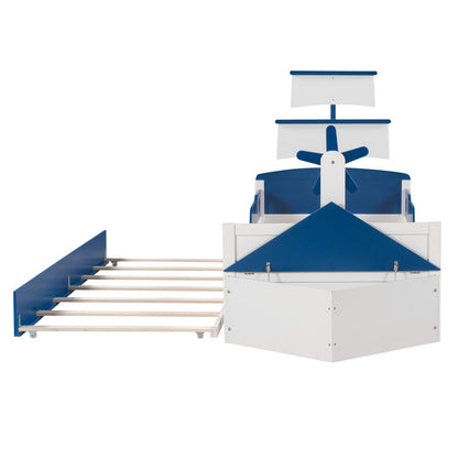 Twin Size Boat-Shaped Platform Bed with Twin Size Trundle and Storage