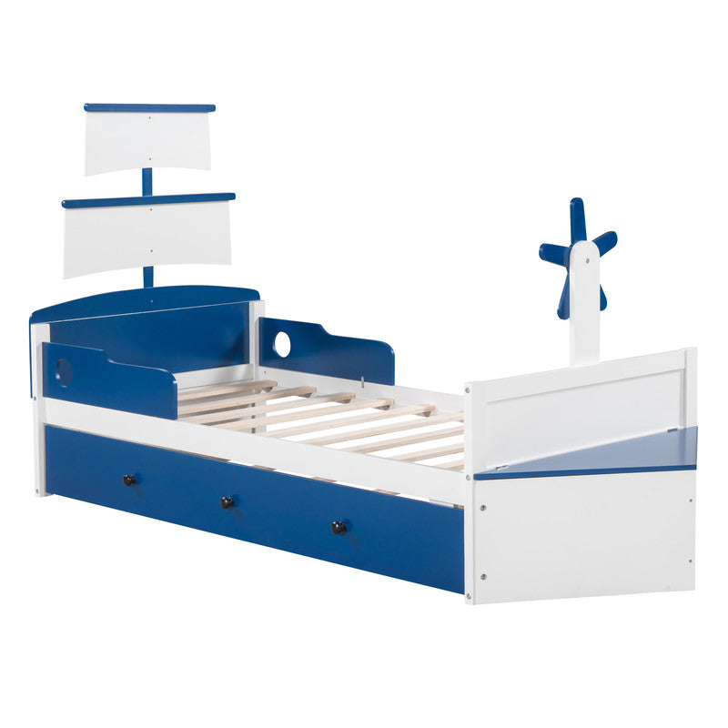 Twin Size Boat-Shaped Platform Bed with Twin Size Trundle and Storage