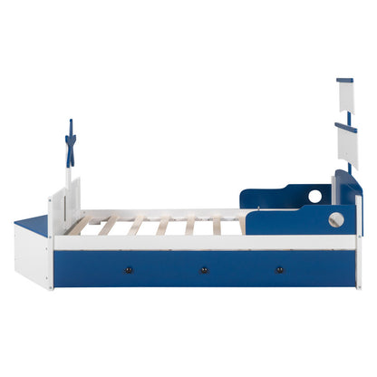 Twin Size Boat-Shaped Platform Bed with Twin Size Trundle and Storage