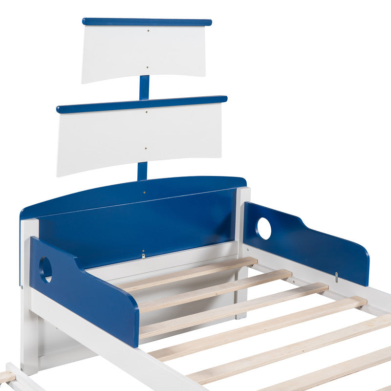 Twin Size Boat-Shaped Platform Bed with Twin Size Trundle and Storage