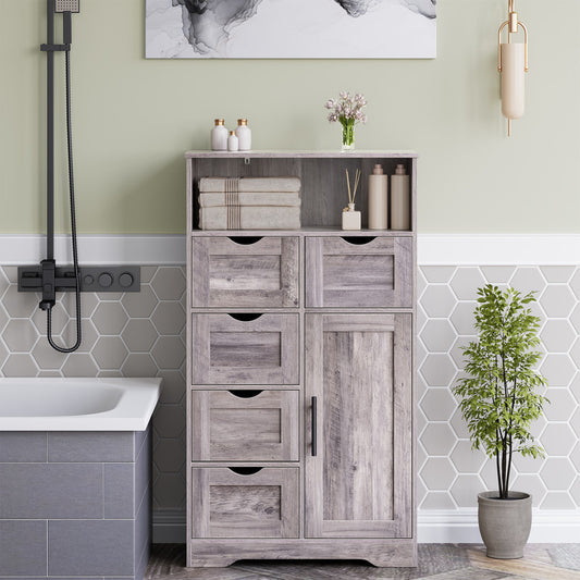 5 Drawers Storage Cabinet with Adjustable Shelves, Bathroom Cabinet with Doors, Floor Cabinet