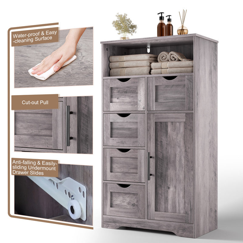 5 Drawers Storage Cabinet with Adjustable Shelves, Bathroom Cabinet with Doors, Floor Cabinet