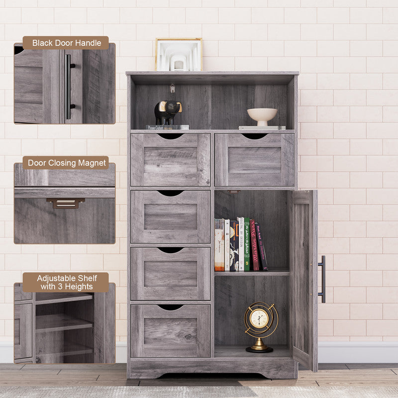 5 Drawers Storage Cabinet with Adjustable Shelves, Bathroom Cabinet with Doors, Floor Cabinet