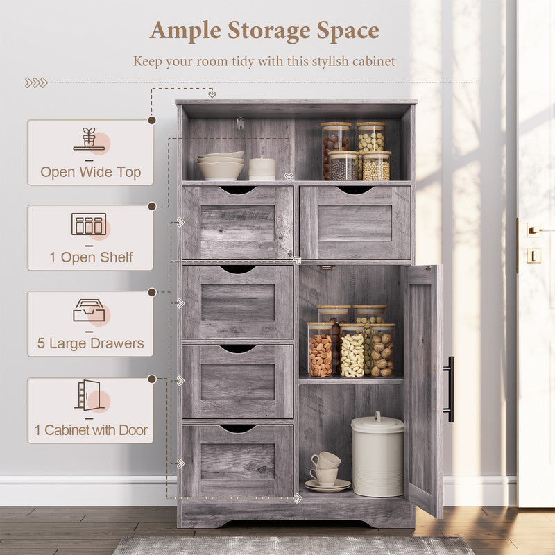 5 Drawers Storage Cabinet with Adjustable Shelves, Bathroom Cabinet with Doors, Floor Cabinet