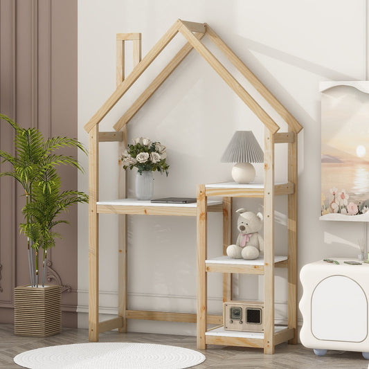 House-shaped Wooden Writing Desk, Kids Study Table, Bookshelf