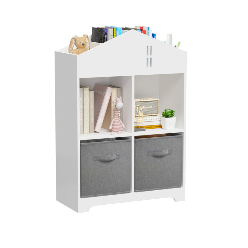 Kids Dollhouse Bookcase with Storage, 2-Tier Storage Display Organizer with 2 Collapsible Fabric Drawers