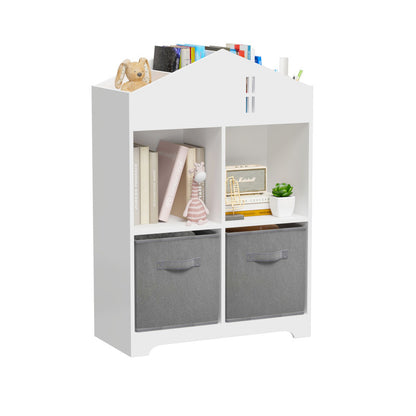 Kids Dollhouse Bookcase with Storage, 2-Tier Storage Display Organizer with 2 Collapsible Fabric Drawers
