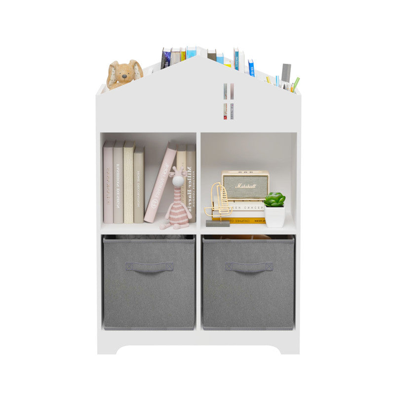 Kids Dollhouse Bookcase with Storage, 2-Tier Storage Display Organizer with 2 Collapsible Fabric Drawers