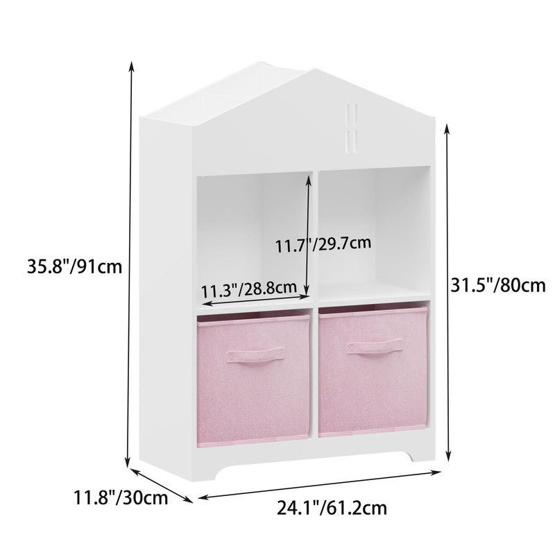 Kids Dollhouse Bookcase with Storage, 2-Tier Storage Display Organizer with 2 Collapsible Fabric Drawers