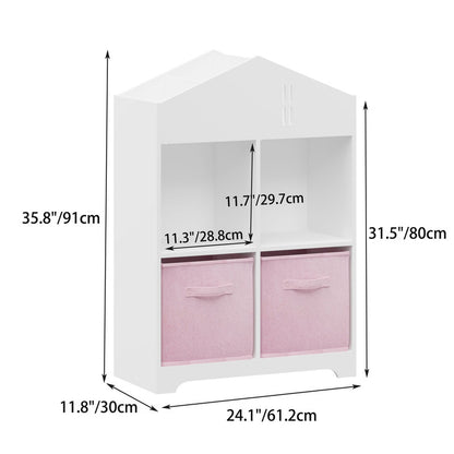 Kids Dollhouse Bookcase with Storage, 2-Tier Storage Display Organizer with 2 Collapsible Fabric Drawers