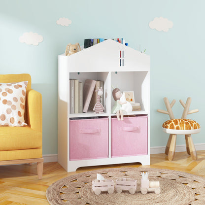 Kids Dollhouse Bookcase with Storage, 2-Tier Storage Display Organizer with 2 Collapsible Fabric Drawers