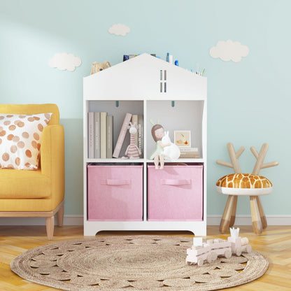 Kids Dollhouse Bookcase with Storage, 2-Tier Storage Display Organizer with 2 Collapsible Fabric Drawers
