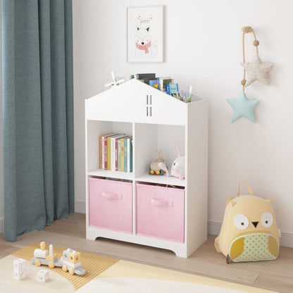 Kids Dollhouse Bookcase with Storage, 2-Tier Storage Display Organizer with 2 Collapsible Fabric Drawers