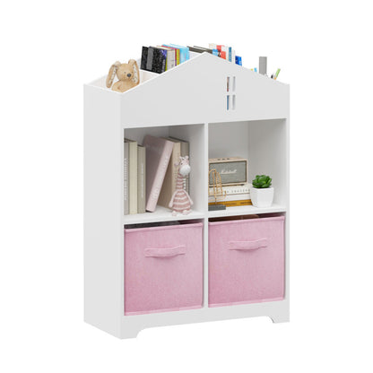 Kids Dollhouse Bookcase with Storage, 2-Tier Storage Display Organizer with 2 Collapsible Fabric Drawers