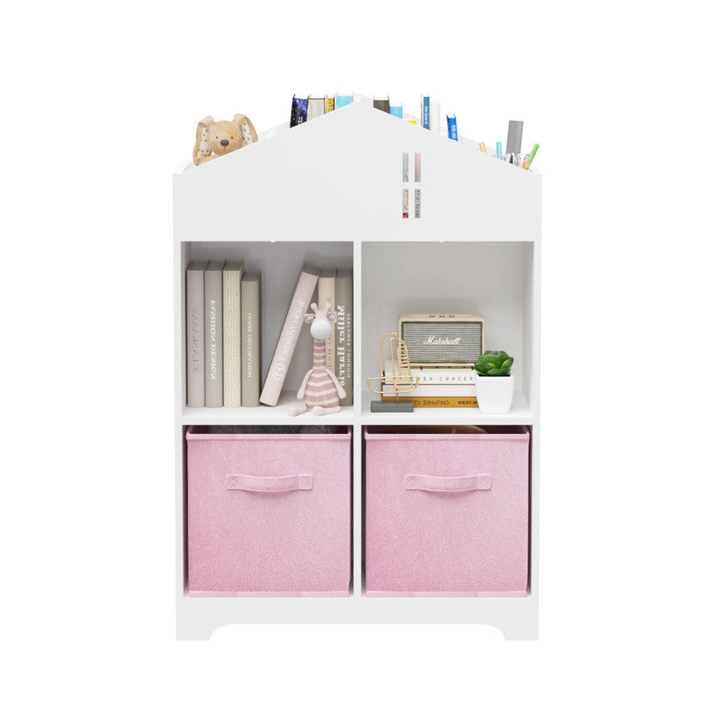 Kids Dollhouse Bookcase with Storage, 2-Tier Storage Display Organizer with 2 Collapsible Fabric Drawers