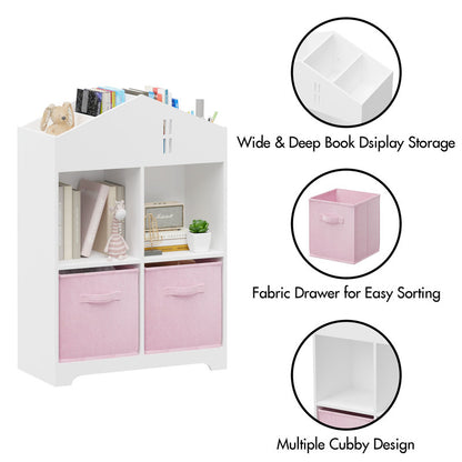 Kids Dollhouse Bookcase with Storage, 2-Tier Storage Display Organizer with 2 Collapsible Fabric Drawers
